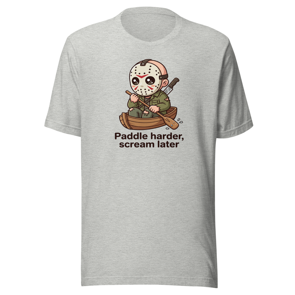 Chibi Slasher Camp Canoe Horror Parody Tee — athletic heather front view