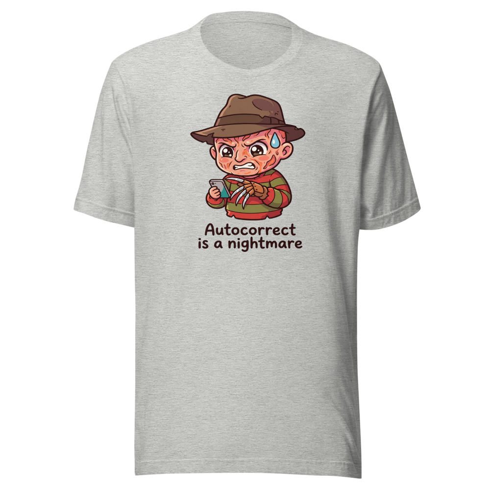 Chibi Slasher Autocorrect Nightmare Horror Parody Tee — athletic heather front view