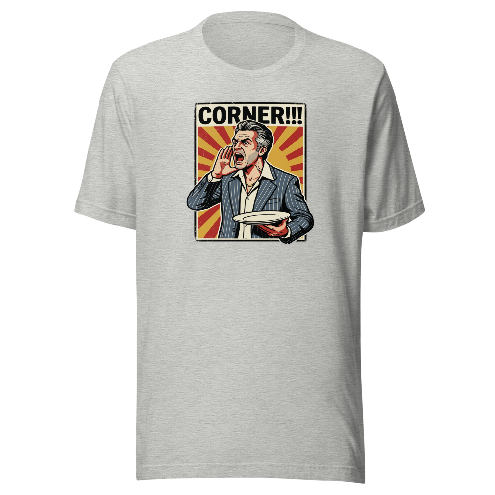 Corner Screaming Waiter Propaganda Fine Dining Tee — athletic heather front view