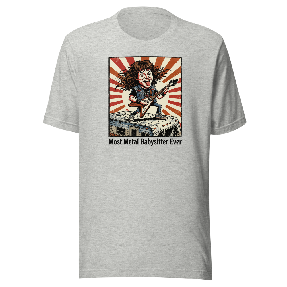 Most Metal Babysitter Ever Flying V Shredder Tee — athletic heather front view