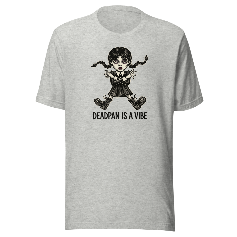 Deadpan Goth Dance Puppet Blackwork Linocut Tee — athletic heather front view