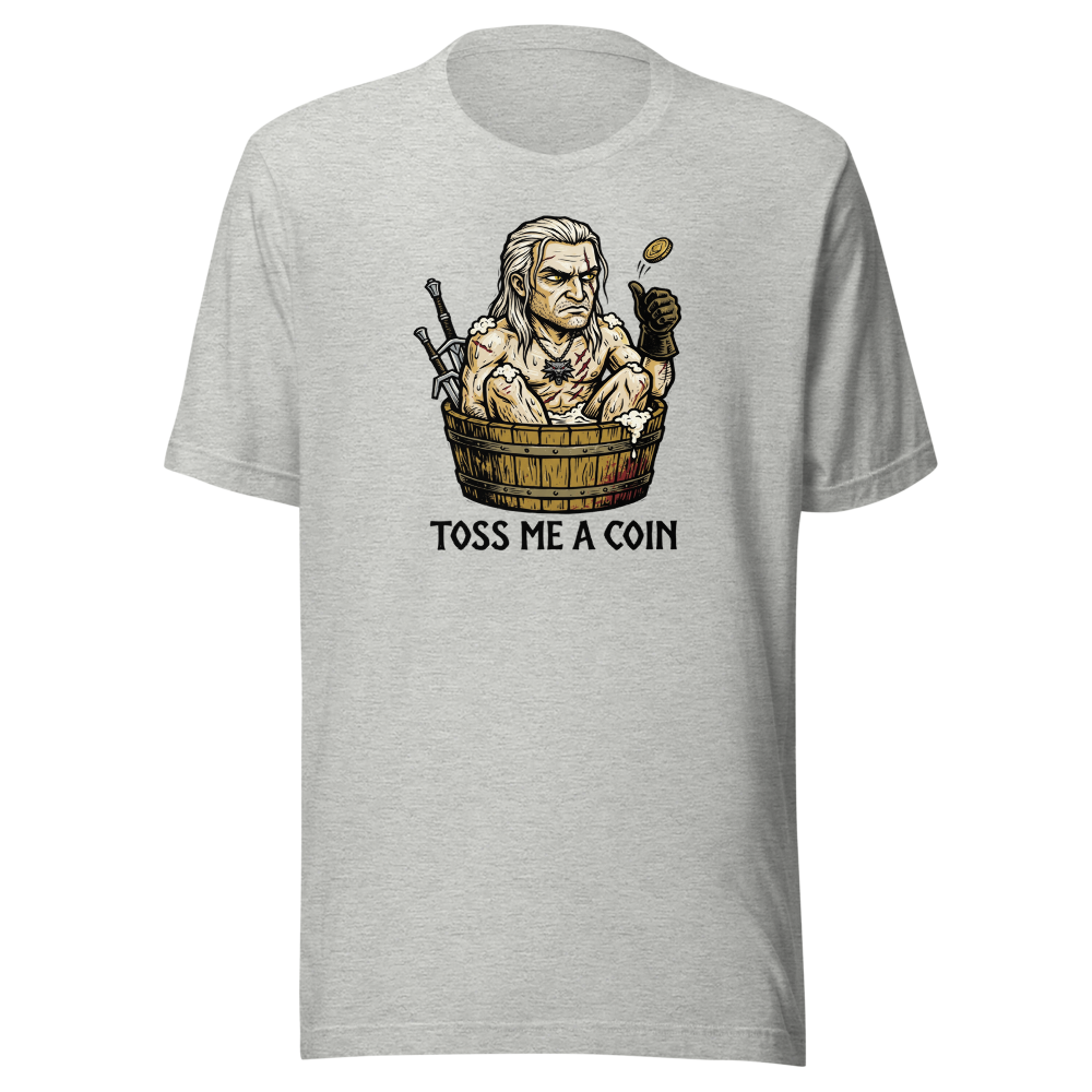 Grumpy Monster Hunter Bathtub Coin Toss Woodcut Tee — athletic heather front view