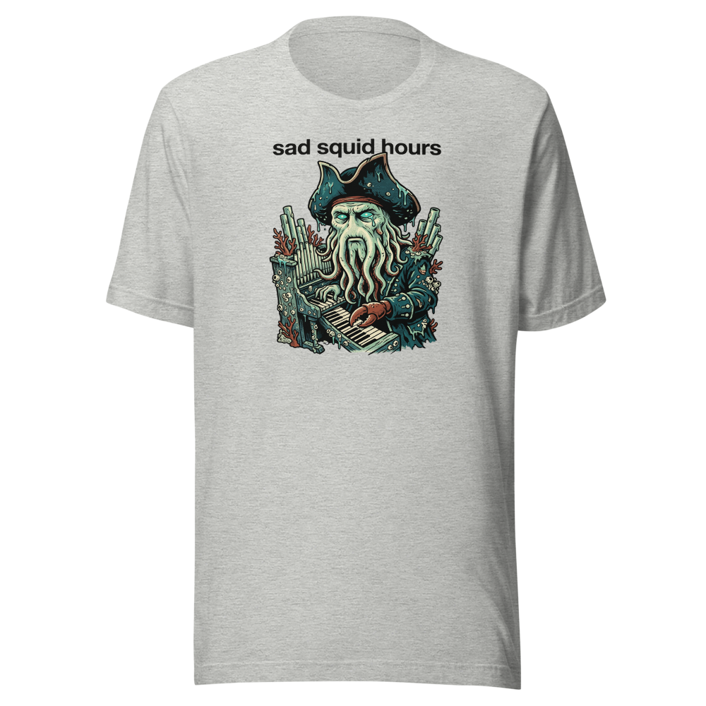 Sad Squid Hours Cursed Sea Captain Pop Art Tee — athletic heather front view