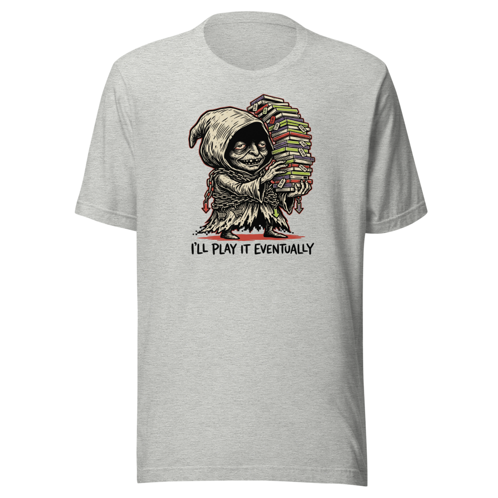 Eternal Sale Backlog Gremlin Linocut Gamer Tee — athletic heather front view