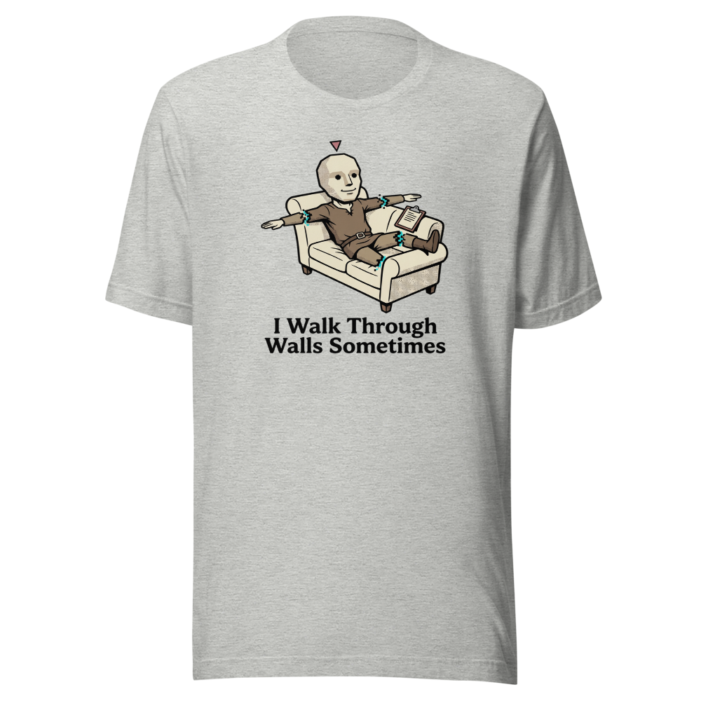 Glitched NPC Therapy Couch Wall-Walk Gamer Tee — athletic heather front view