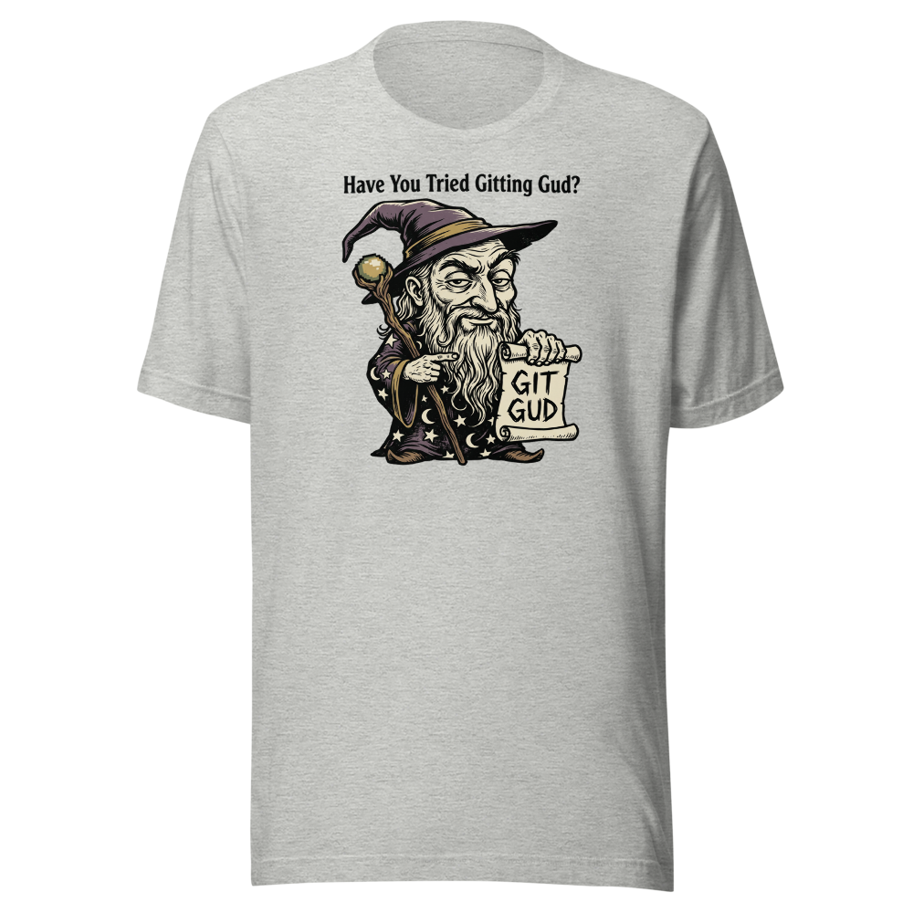 Git Gud Wizard Mentor Woodcut Gamer Meme Tee — athletic heather front view