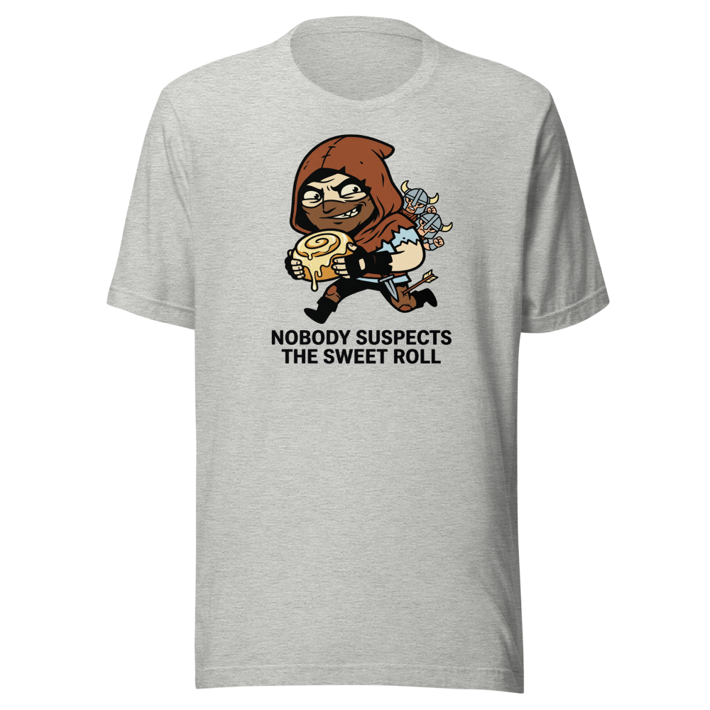 Nobody Suspects The Sweet Roll Retro RPG Thief Tee — athletic heather front view