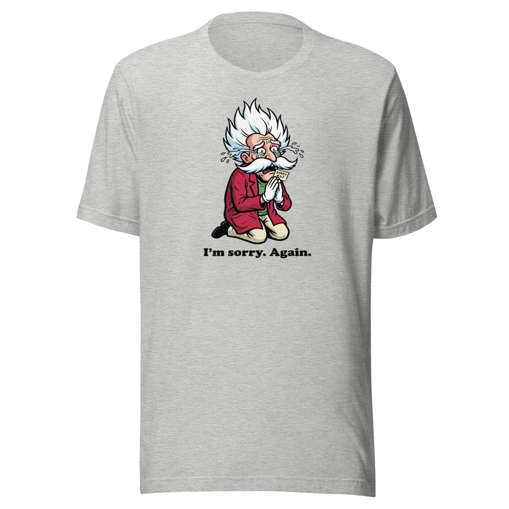 Mad Scientist Sorry Again Retro Boss Parody Tee — athletic heather front view