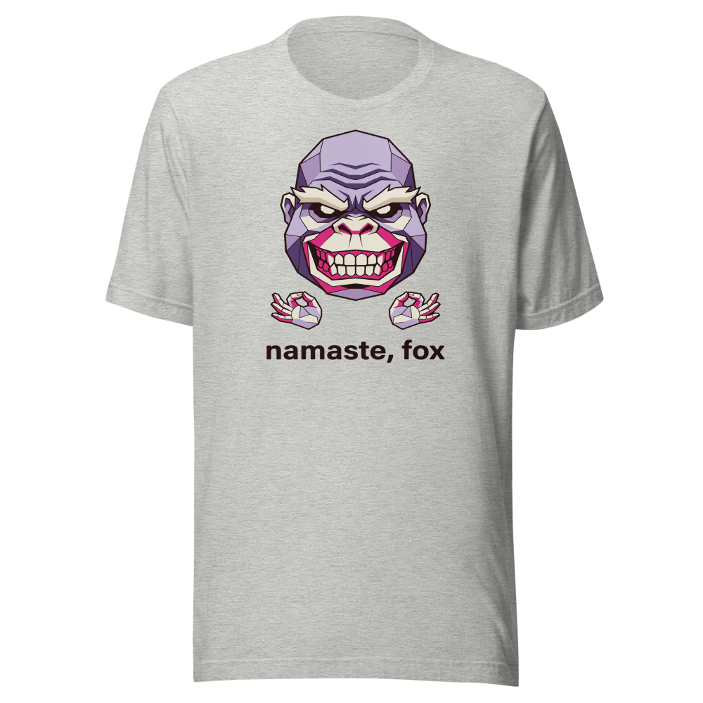 Namaste Fox Meditating Ape Boss Low Poly Tee — athletic heather front view