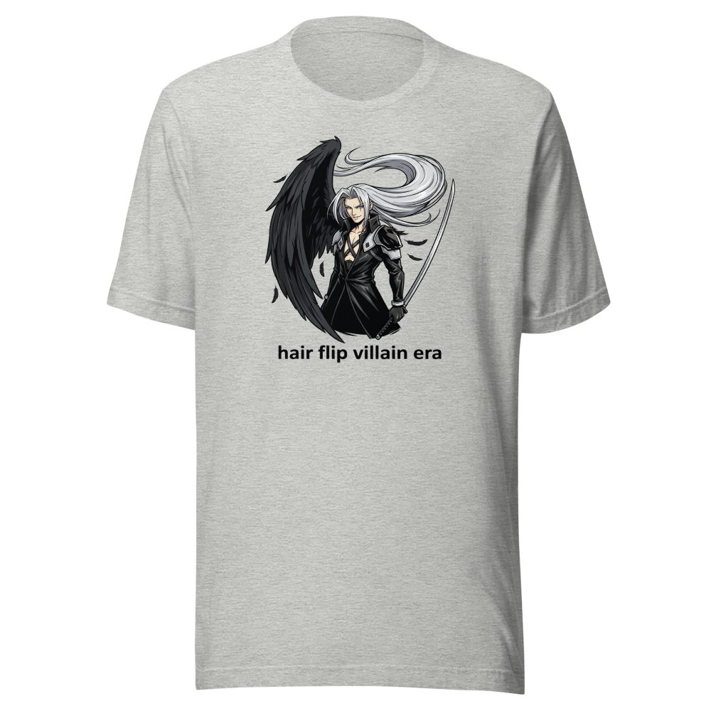 Hair Flip Villain Era Anime Swordsman Tee — athletic heather front view