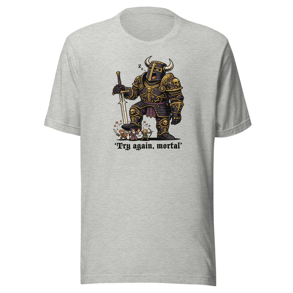 Try Again Mortal Optional Superboss RPG Tee — athletic heather front view