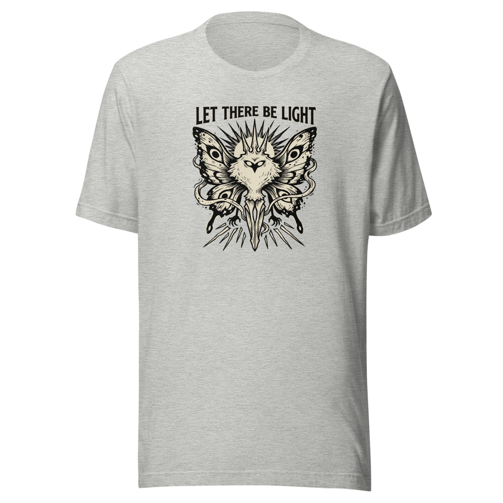 Moth Goddess Blackwork Linocut Let There Be Light Tee — athletic heather front view