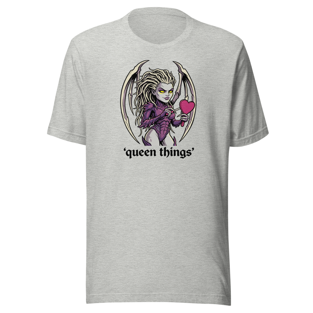 Queen Things Bone-Blade Vanity Boss Comic Ink Tee — athletic heather front view