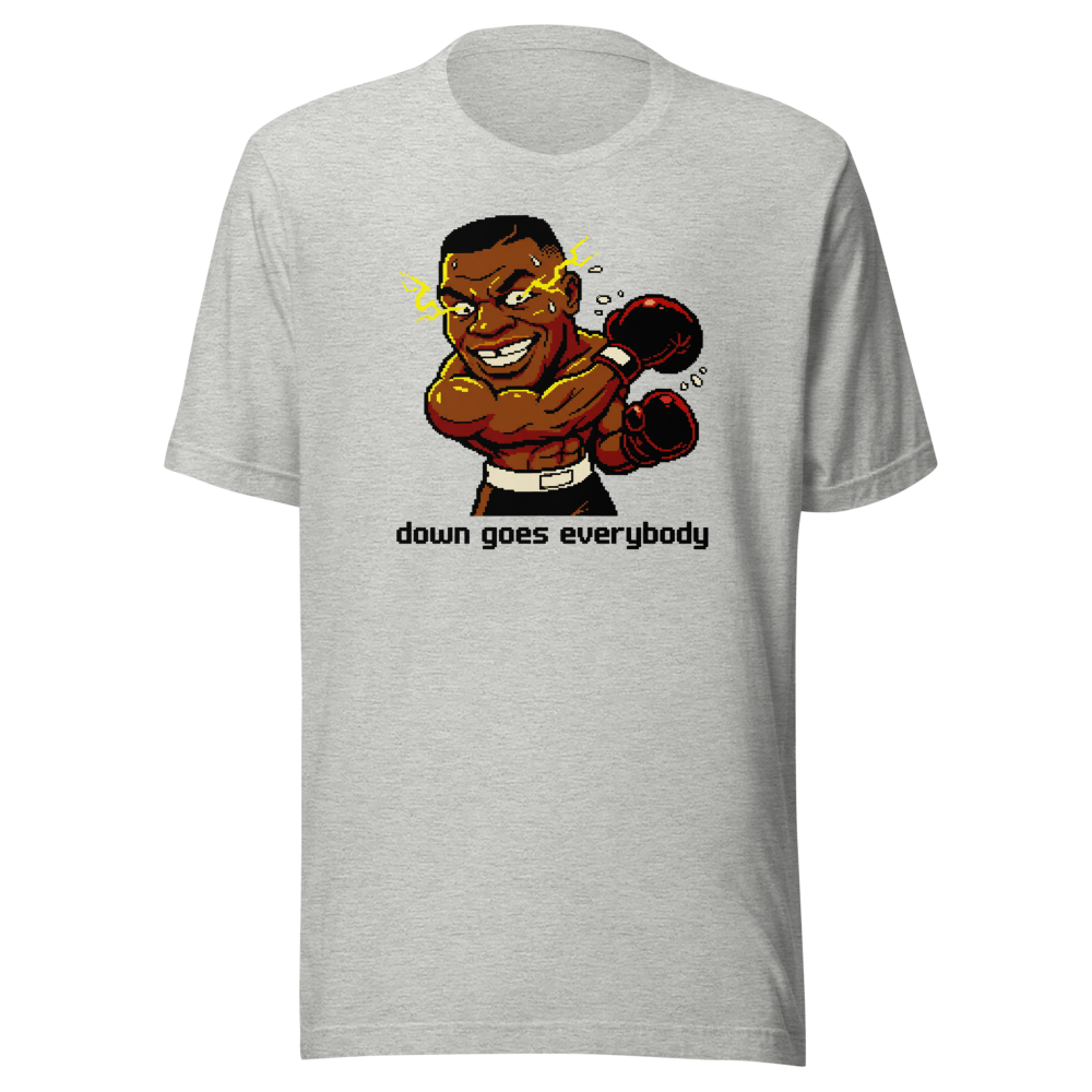 16-Bit Pixel Boxer Down Goes Everybody Retro Tee — athletic heather front view