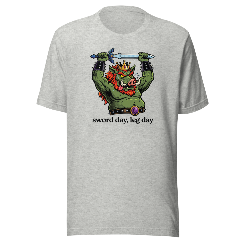 Sword Day Leg Day Boar King Boss Workout Tee — athletic heather front view