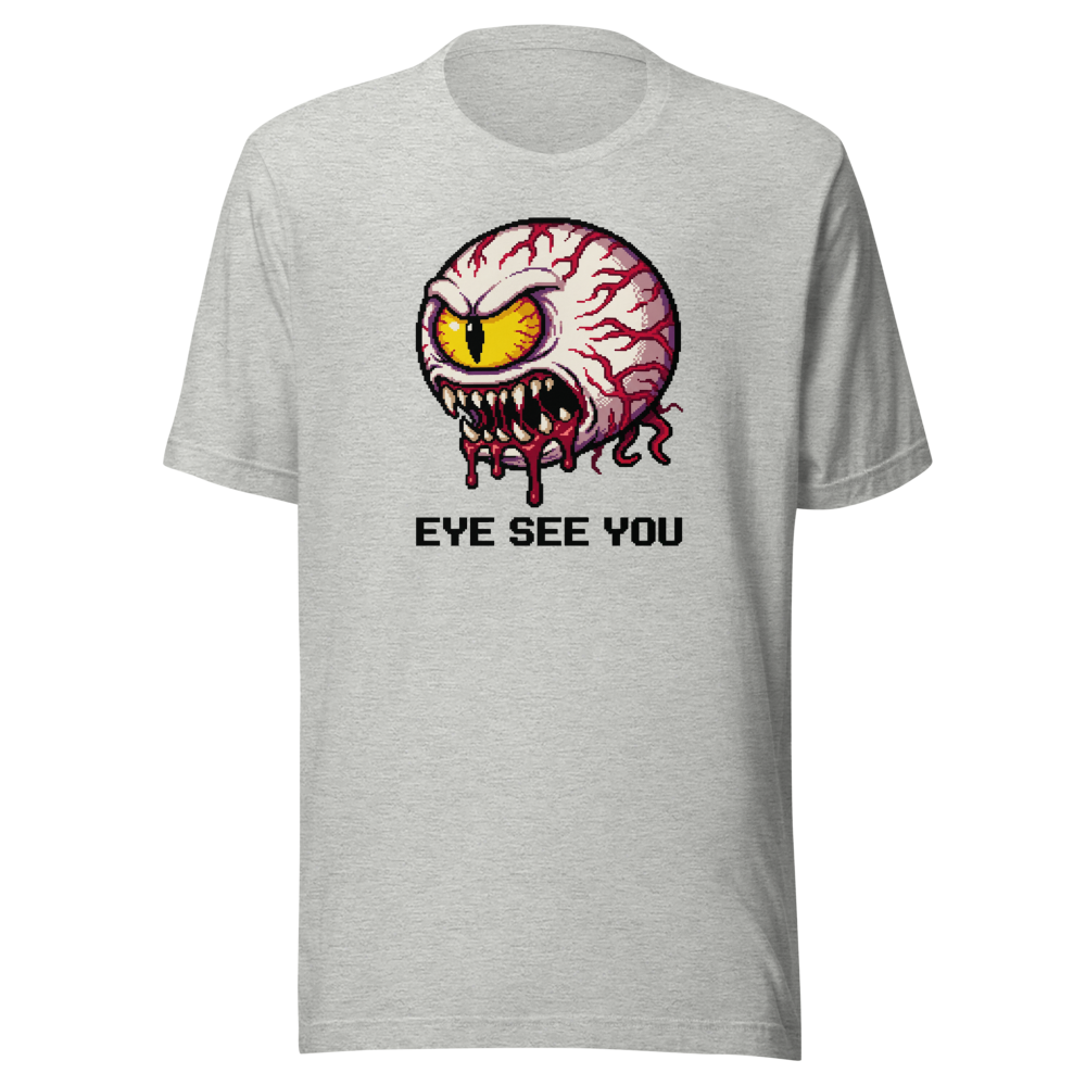 Eye See You Retro Pixel Boss Eyeball Gamer Tee — athletic heather front view