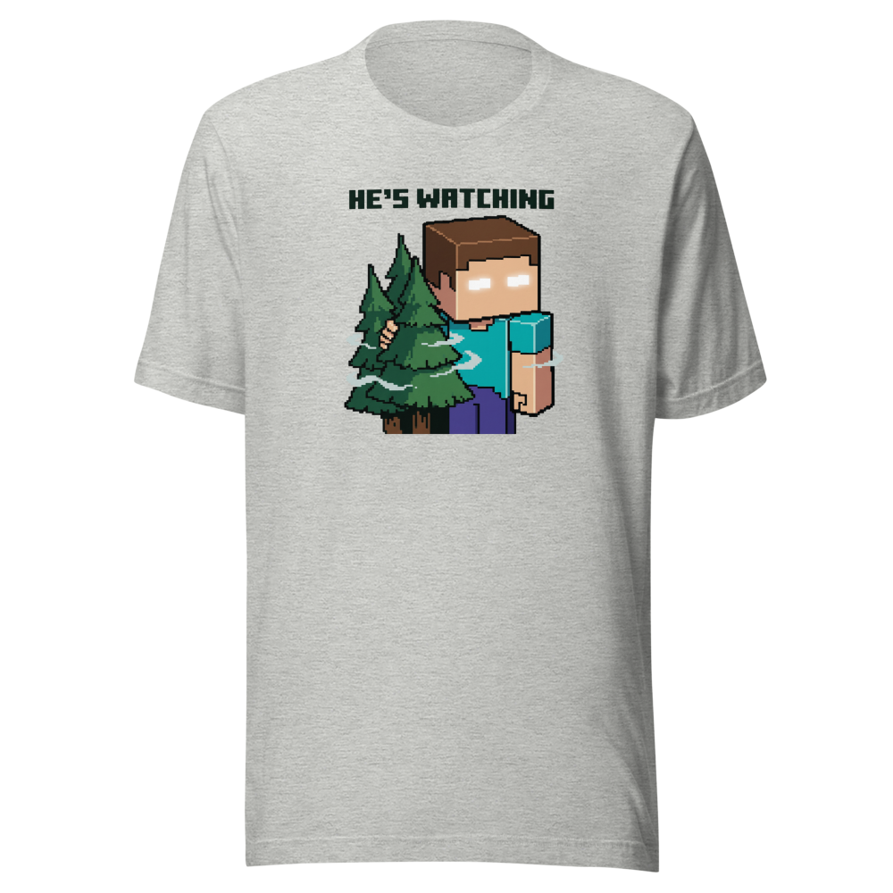 He's Watching Pixel Lurker Retro Sandbox Tee — athletic heather front view