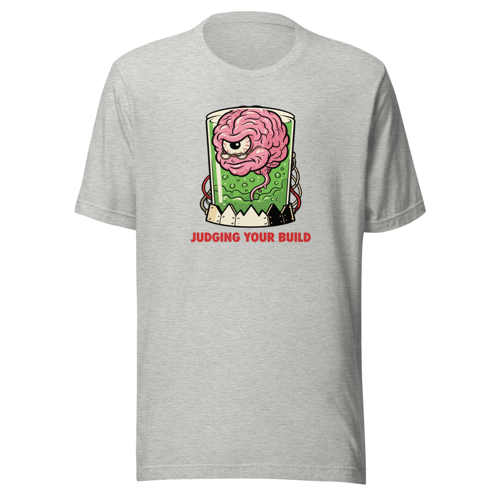 Judging Your Build Brain in a Jar Boss Tee — Premium Tee — athletic heather front view