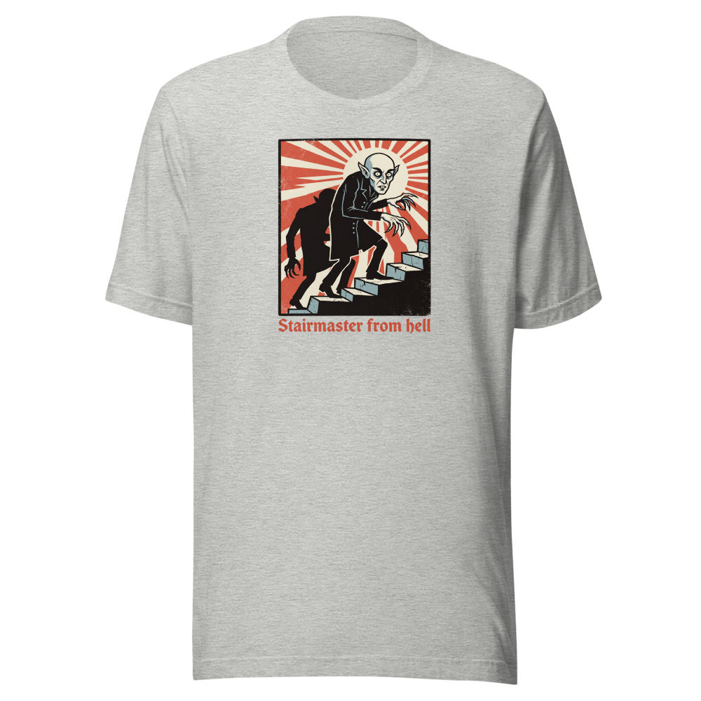 Stairmaster From Hell Vintage Vampire Horror Tee â€” Athletic Heather front view