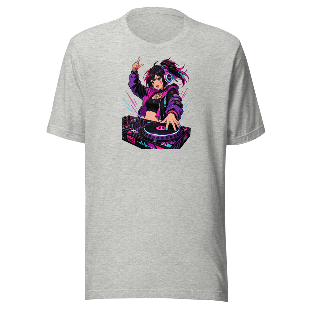 Anime Turntable Girl Synthwave Neon Drop Tee — athletic heather front view