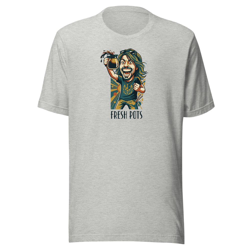 Fresh Pots Coffee Fueled Rock Drummer Art Deco Poster Tee — Premium Tee — athletic heather front view