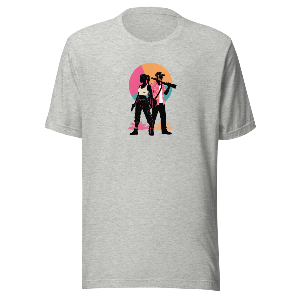 Outlaw Couple Neon Sunset Crime Duo Graphic Tee — athletic heather front view