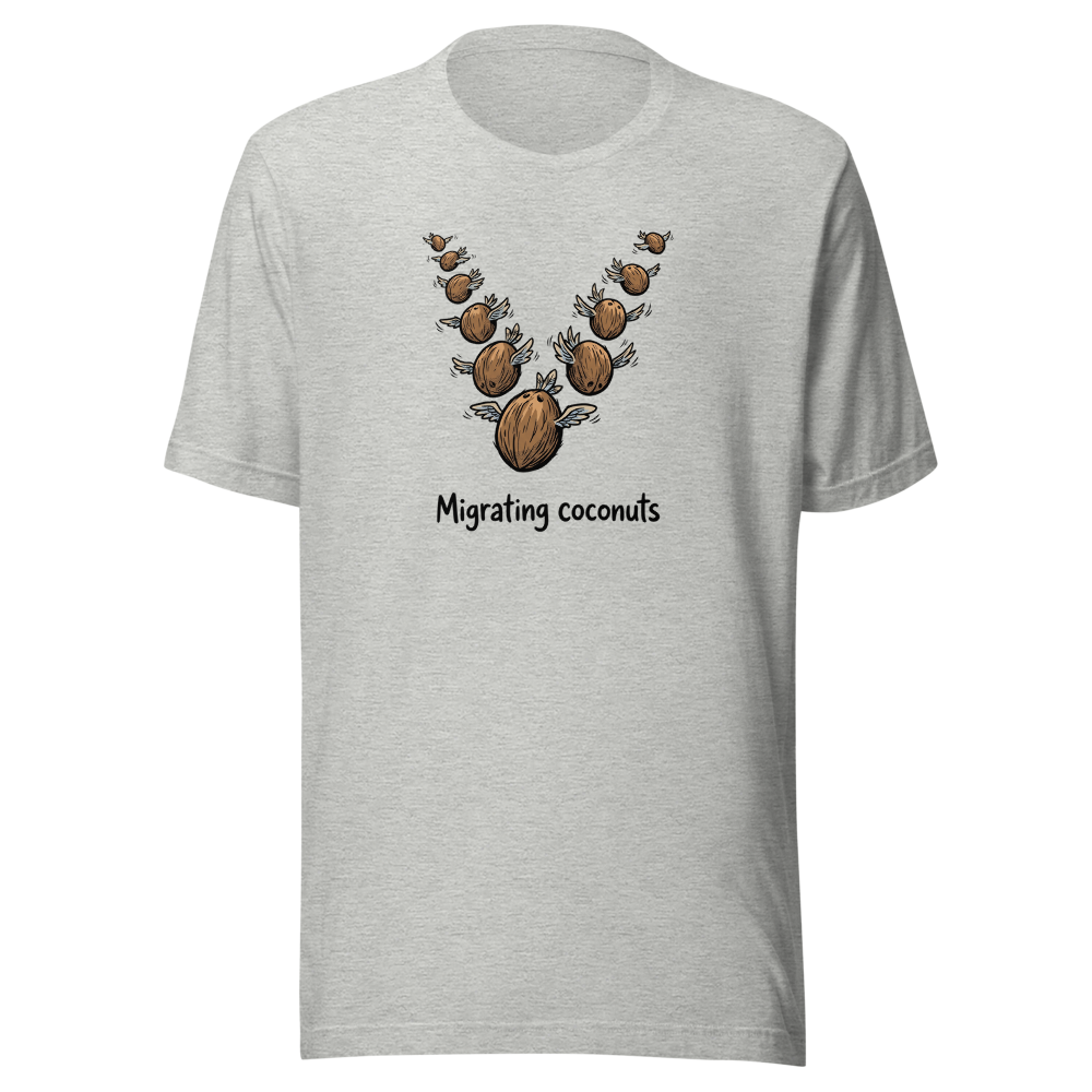Migrating Coconuts V Formation Absurd Comedy Tee â€” Athletic Heather front view