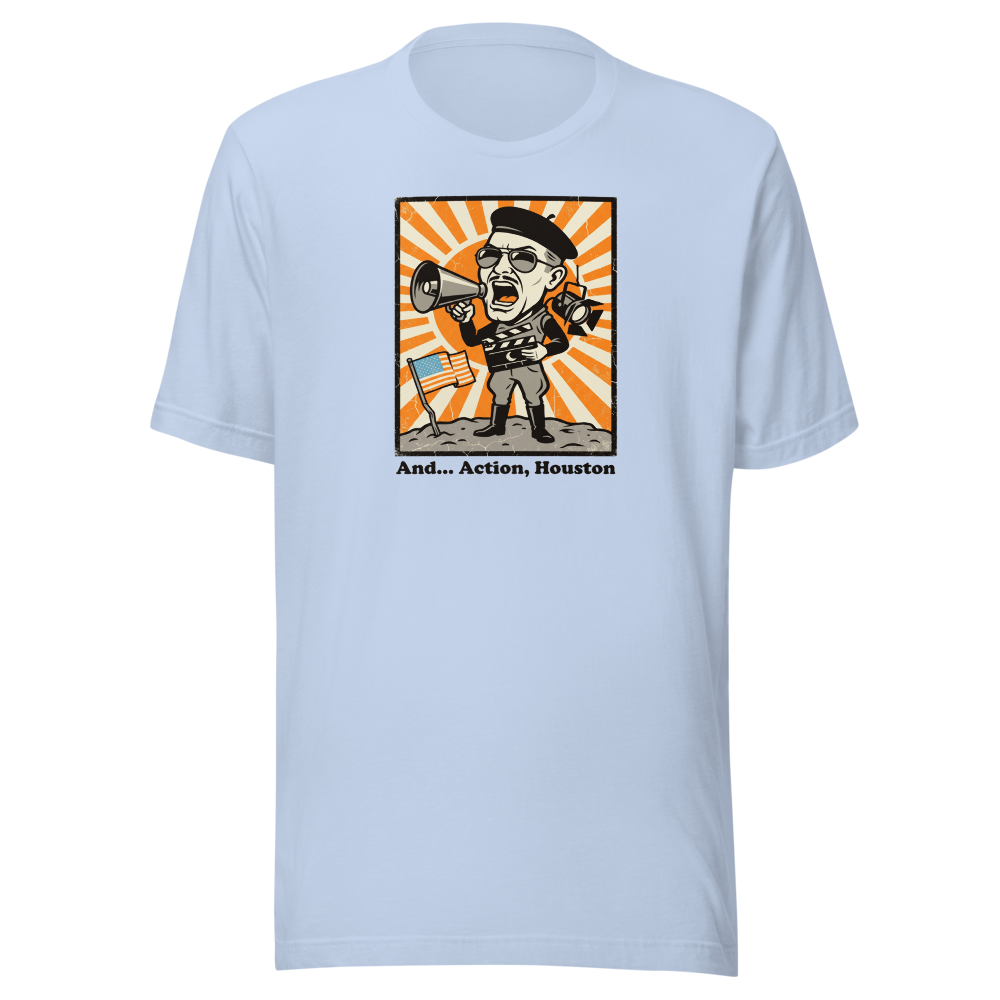 Fake Moon Soundstage Auteur Propaganda Parody Tee — baby blue front view
