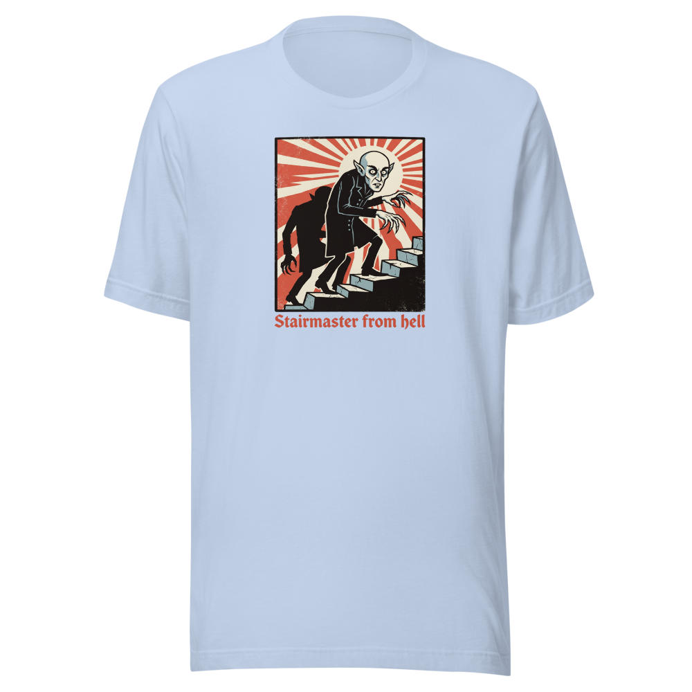 Stairmaster From Hell Vintage Vampire Horror Tee â€” Baby Blue front view