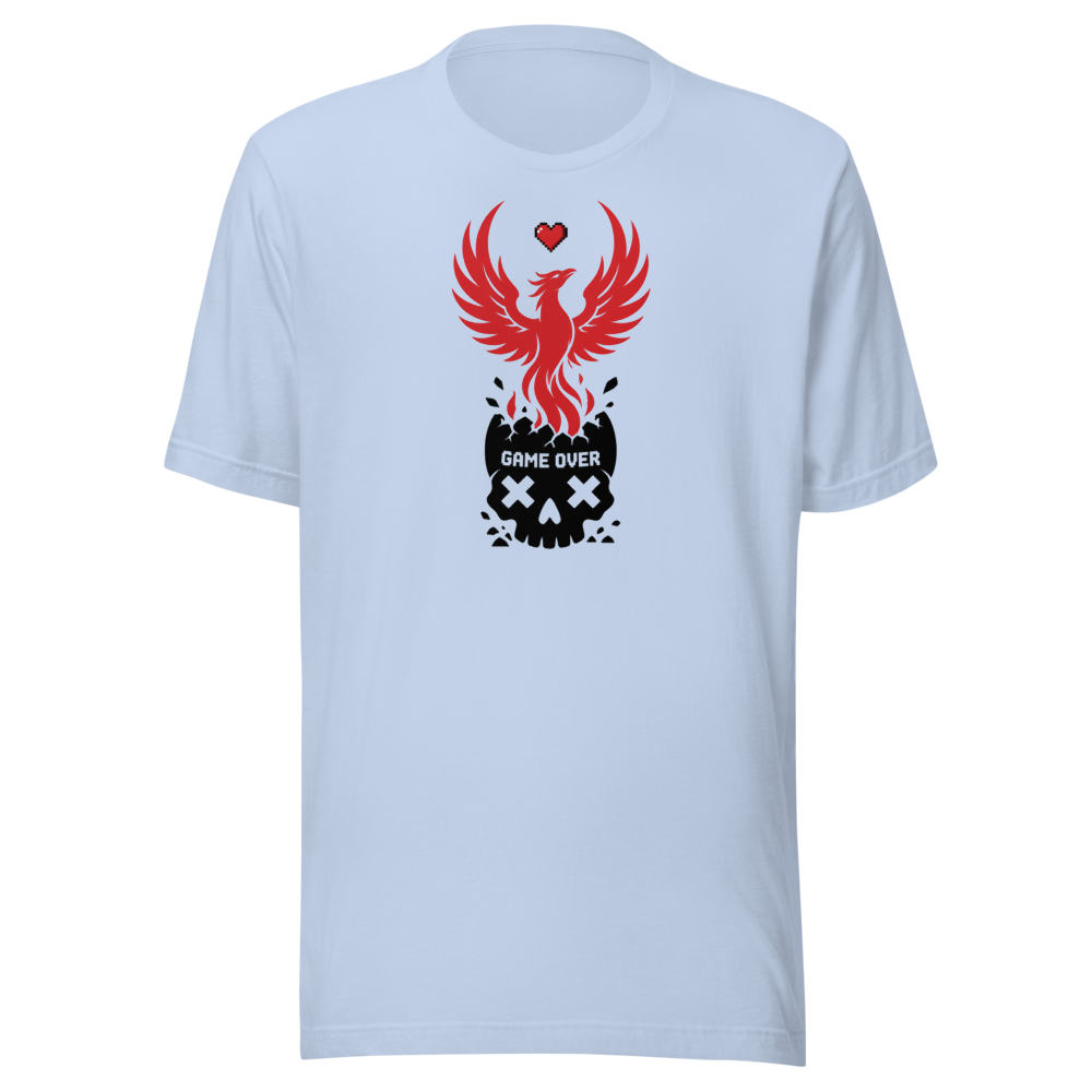 Respawn Firebird Pixel Heart Silhouette Gamer Tee — baby blue front view