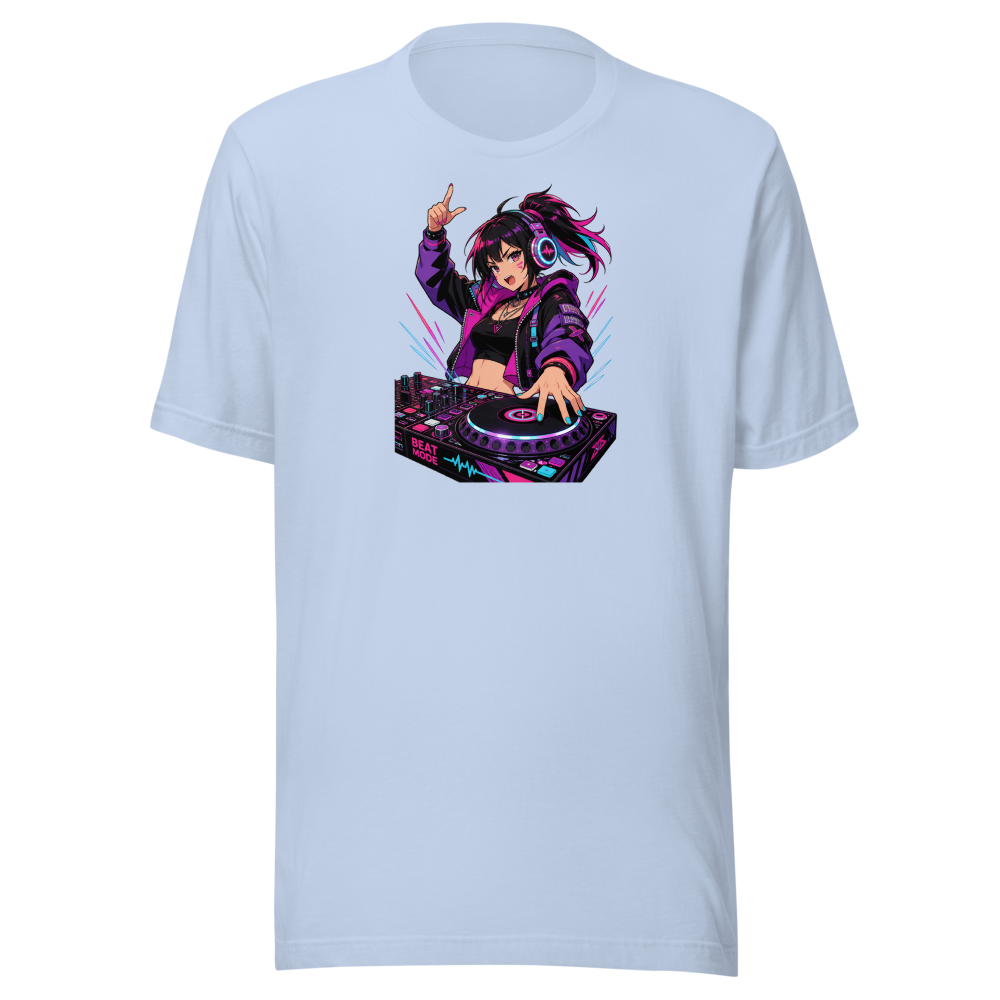 Anime Turntable Girl Synthwave Neon Drop Tee — baby blue front view