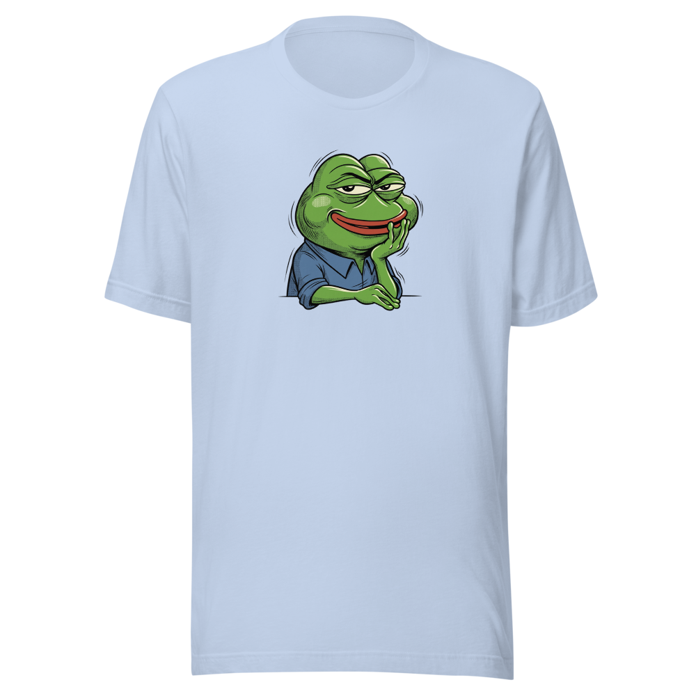 Smug Manga Frog Chin Rest Meme Graphic T-Shirt — baby blue front view