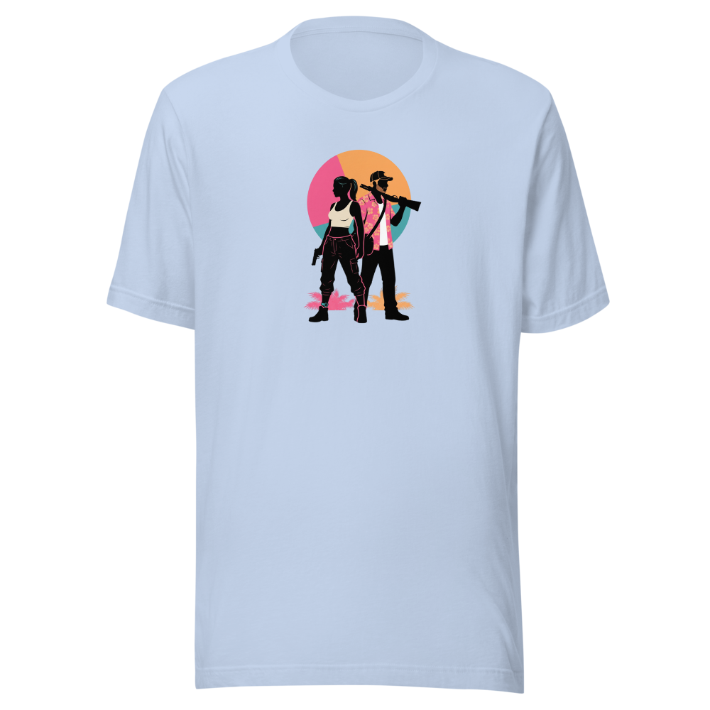 Outlaw Couple Neon Sunset Crime Duo Graphic Tee — baby blue front view