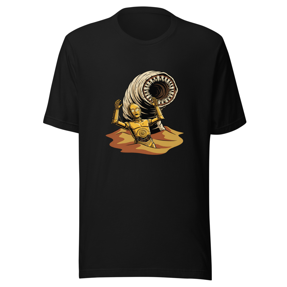 Golden Protocol Droid Desert Worm Peril Comic Tee — Men's Premium Tee — black front view