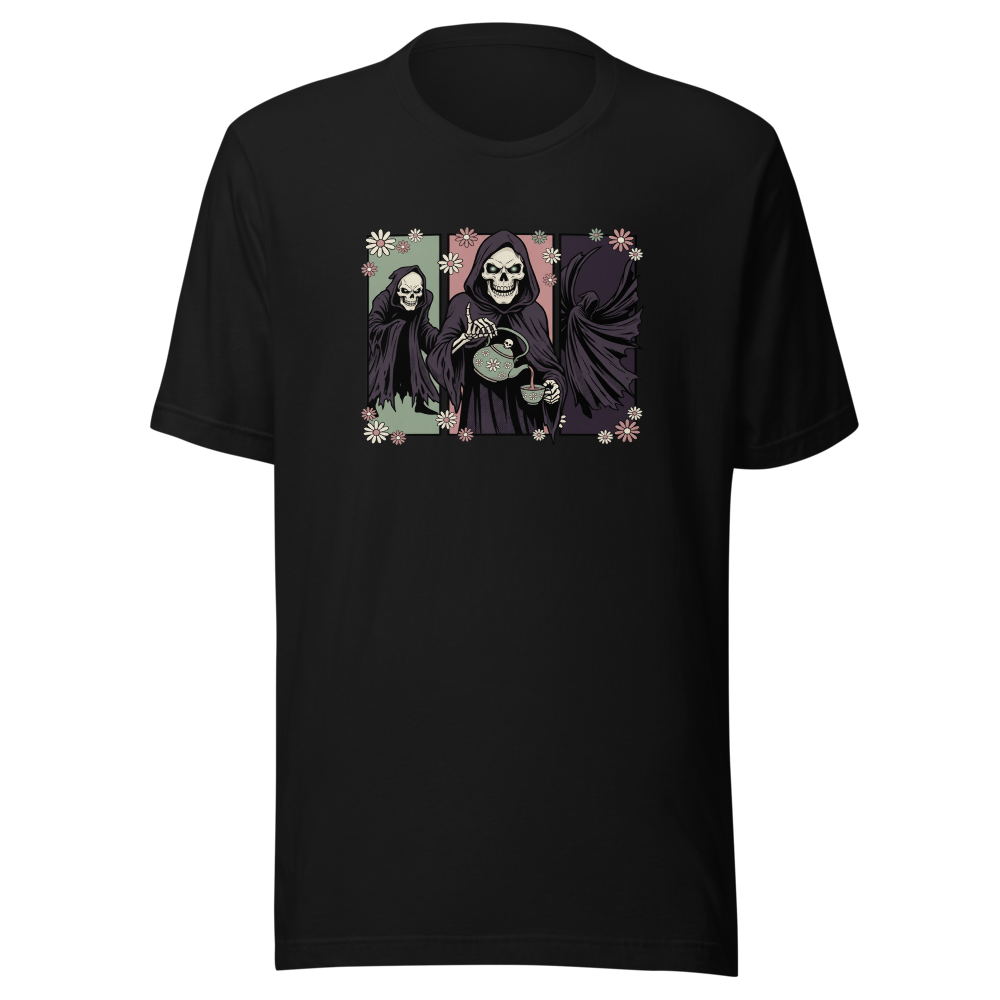 Skull Sorcerer Tea Time Comic Triptych Tee — black front view