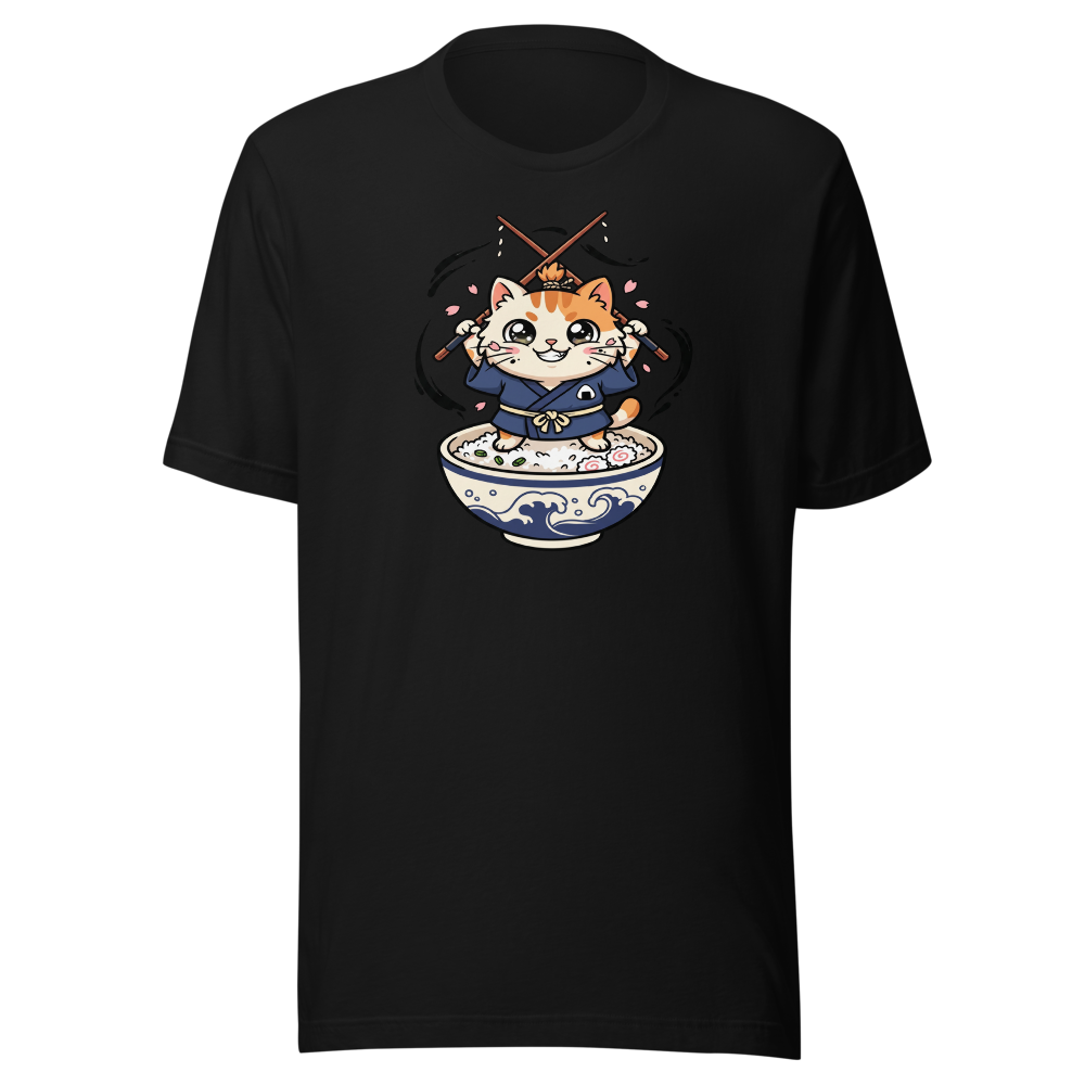 Chibi Ronin Chef Cat Chopstick Katana Anime Tee — black front view