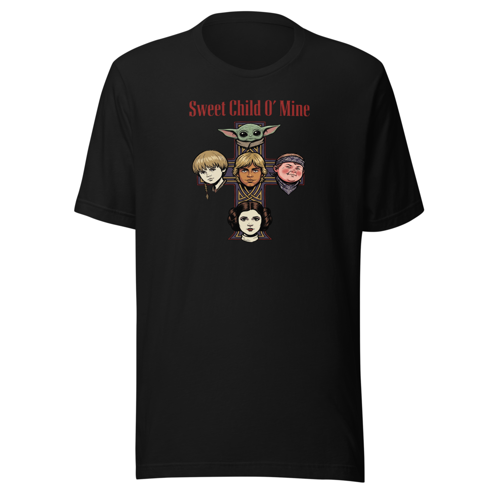 Sweet Child Sci-Fi Rock Cross album Parody Tee — black front view