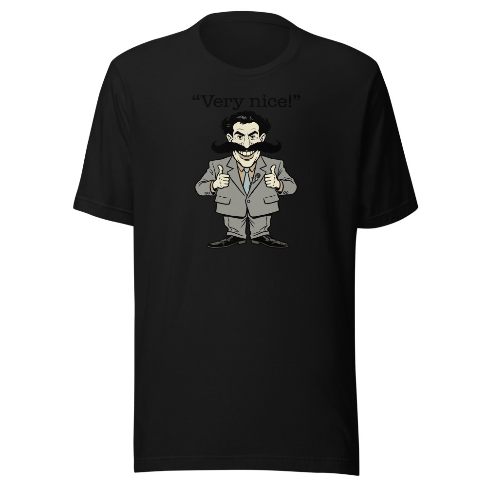 Very Nice Mustache Reporter Thumbs Up Comedy Tee — Men's Premium Tee — black front view