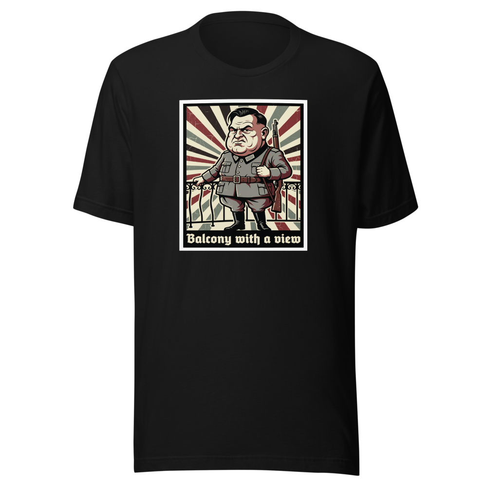 Balcony With A View Propaganda Villain Parody Tee — Men's Premium Tee — black front view