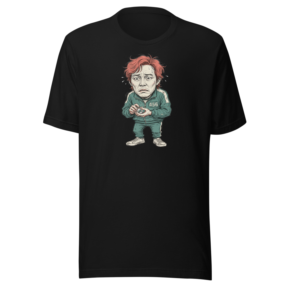 Player 456 Tracksuit Marble Panic Sketch Tee — black front view