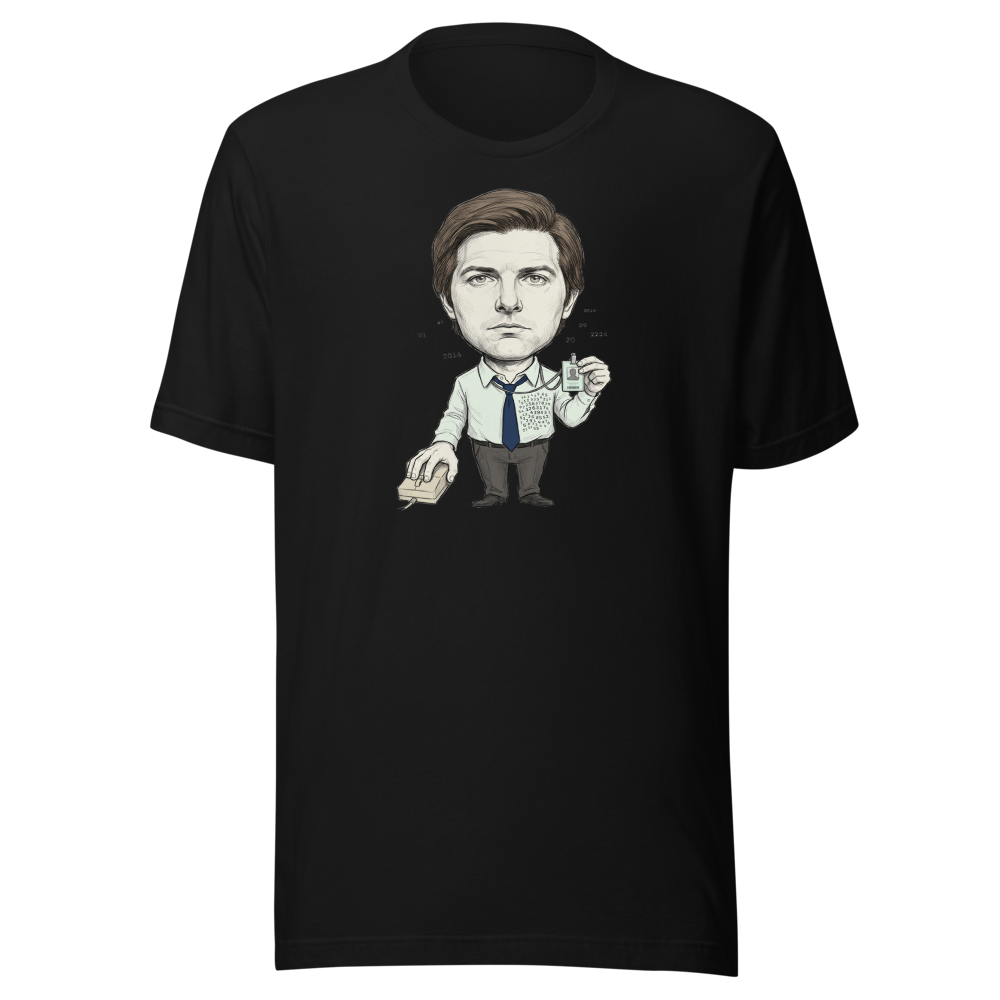 Split-Brain Office Drone Pencil Sketch Tee — black front view