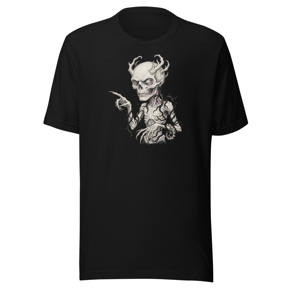 Vine-Wrapped Skull Villain Pencil Sketch Horror Tee — black front view