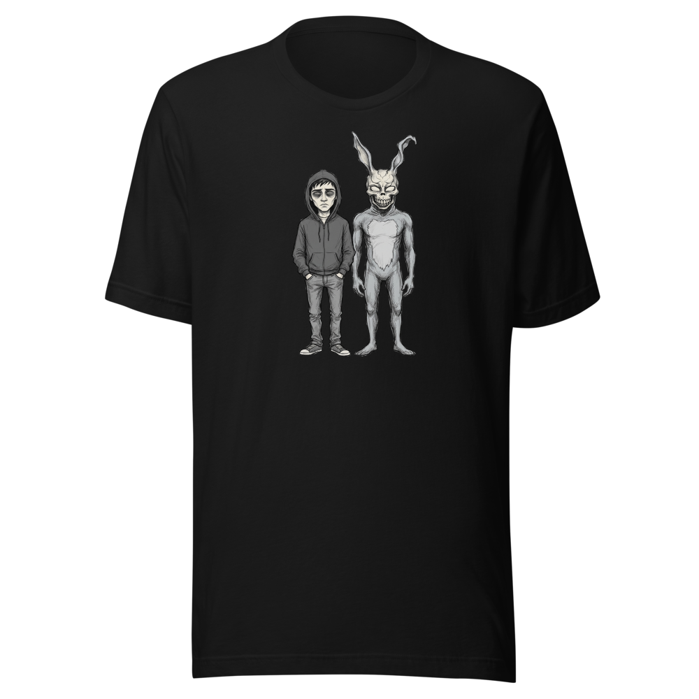 Doomed Teen and Demon Rabbit Sketch Cult Horror Tee — black front view