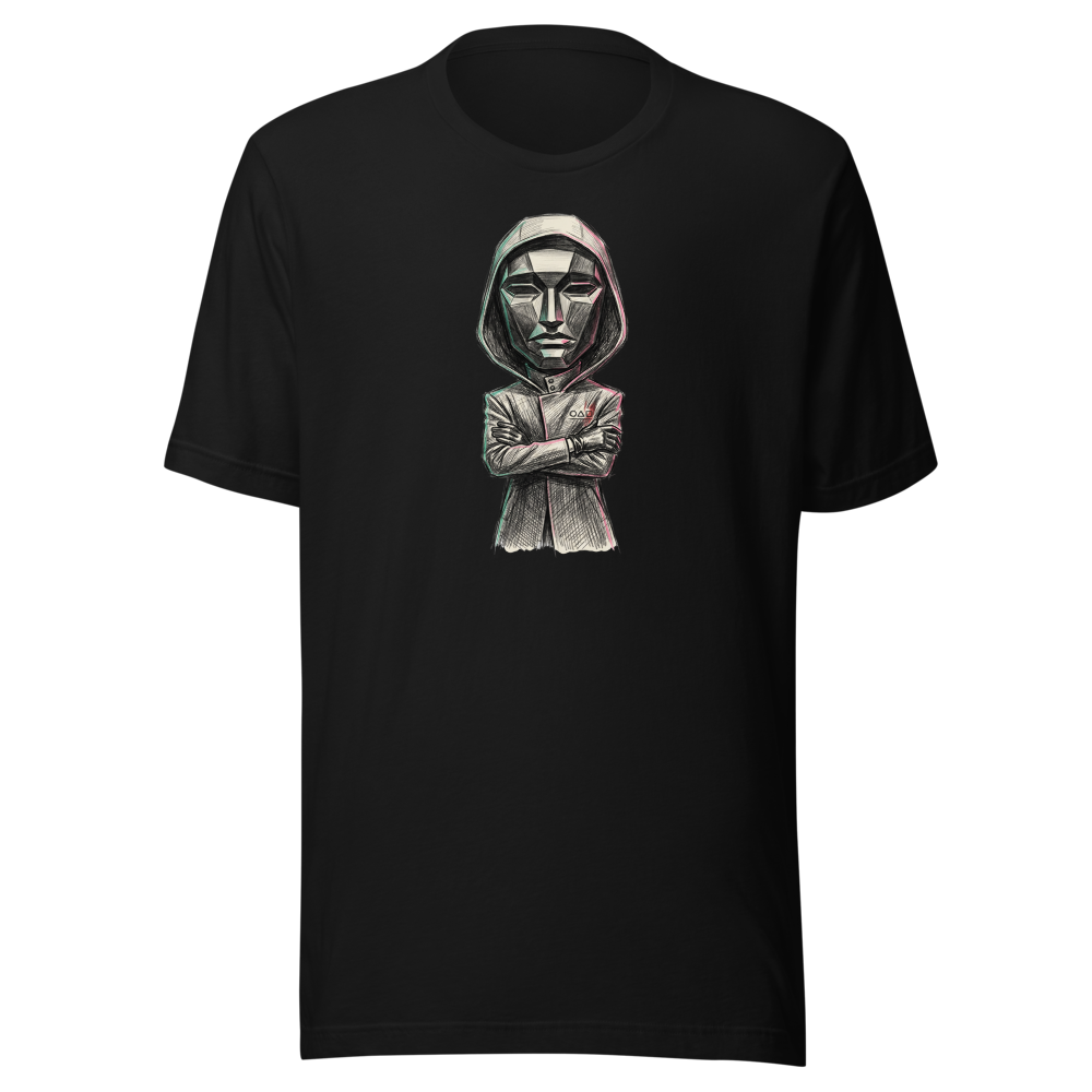 Masked Overseer Hooded Robe Sketch Tee — Men's Premium Tee — black front view
