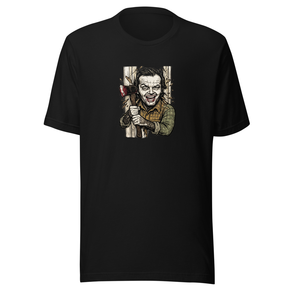 Axe Maniac Door Breach Blackwork Horror Tee — black front view