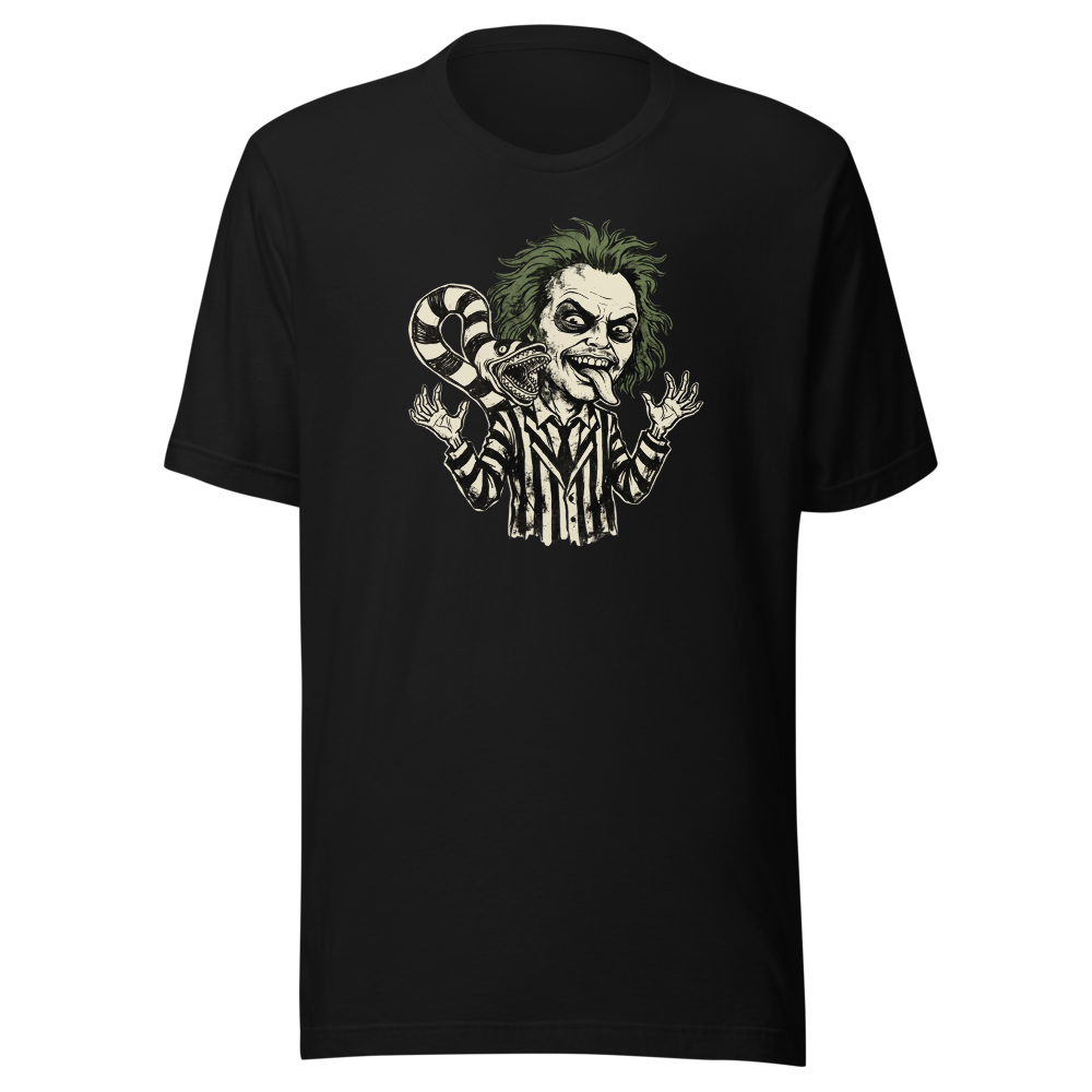 Bio-Exorcist Ghoul Pinstripe Punk Horror Comedy Tee — black front view