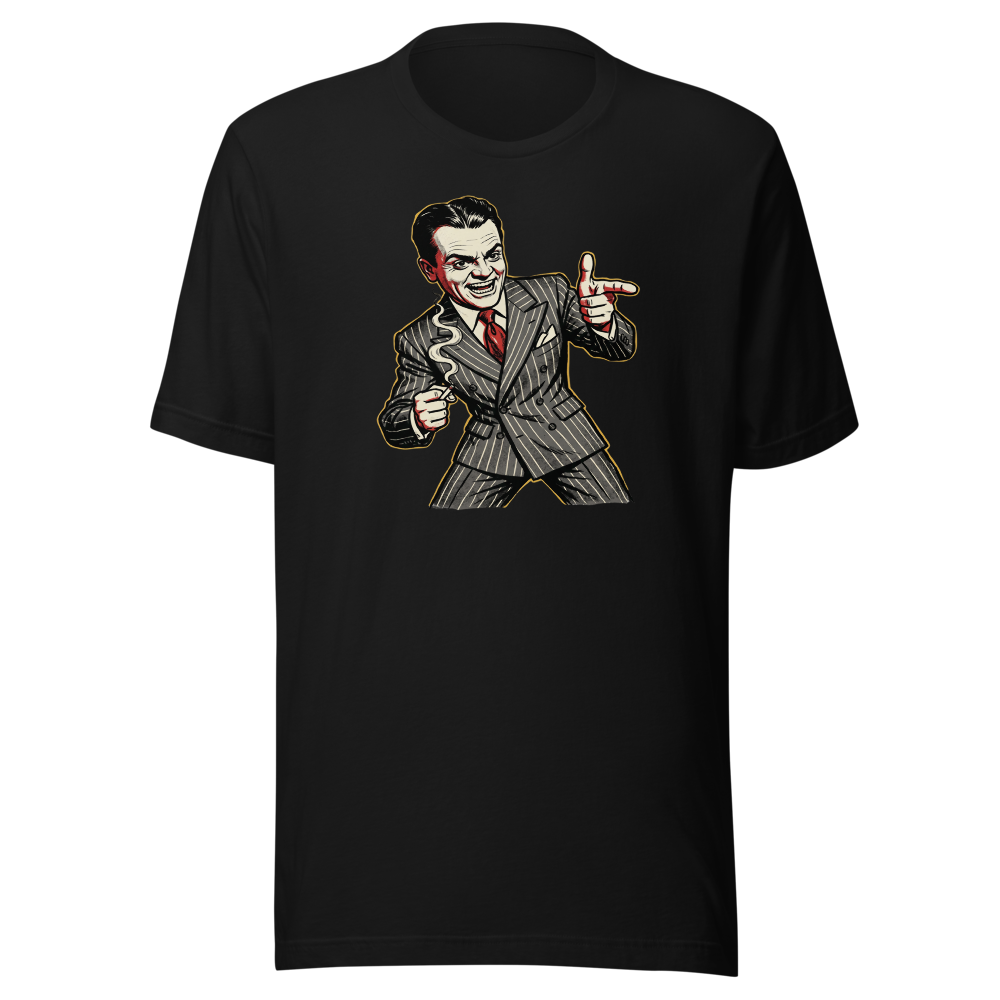 Pinstripe Gangster Finger-Gun Punk Caricature Tee — black front view