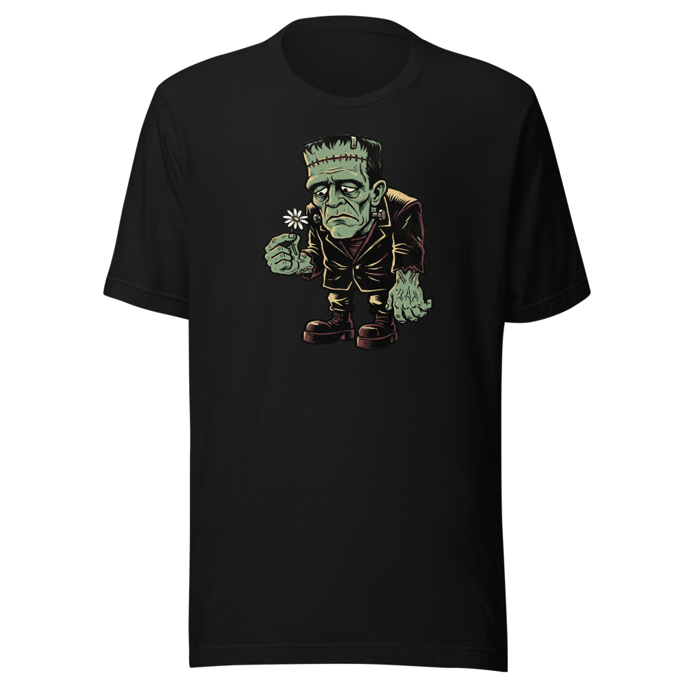 Confused Stitched Monster Holding Daisy Woodcut Tee — black front view