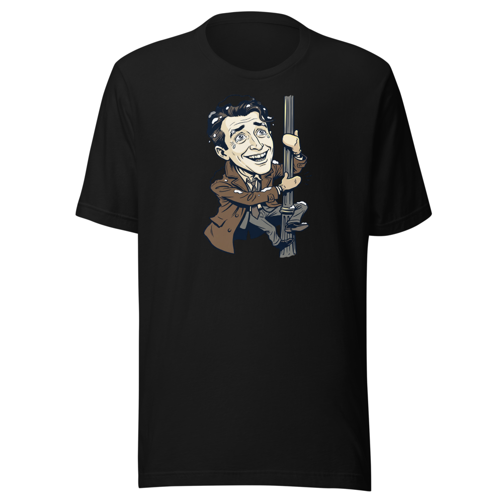 Snowy Lamppost Hug Christmas Movie Caricature T-Shirt — black front view