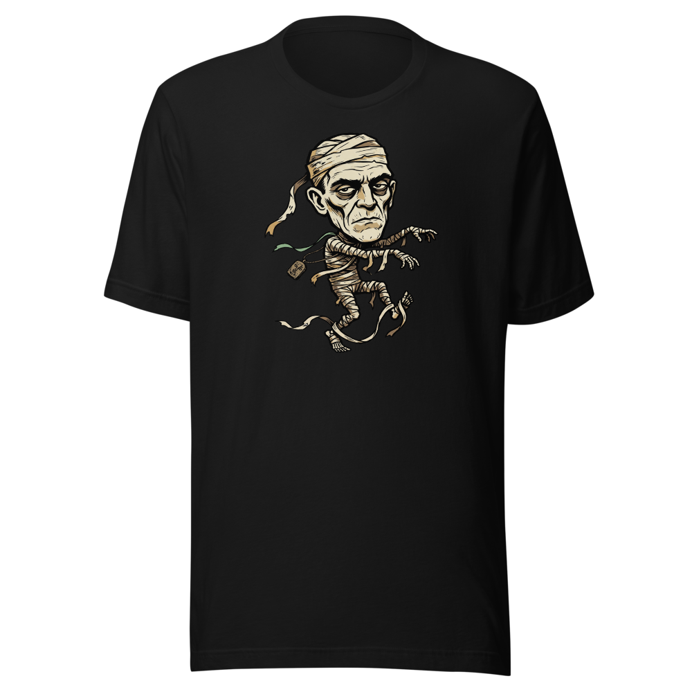 Tripping Mummy Woodcut Vintage Horror Tee — black front view